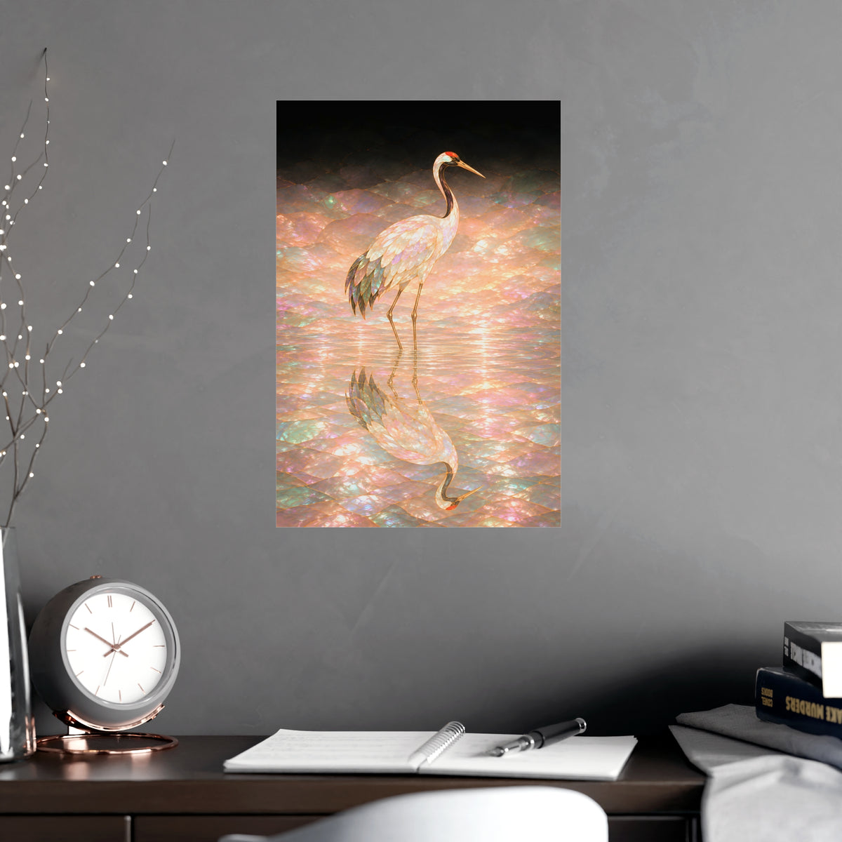 One Crane, Reflected — one crane, reflected, shown framed on a wall