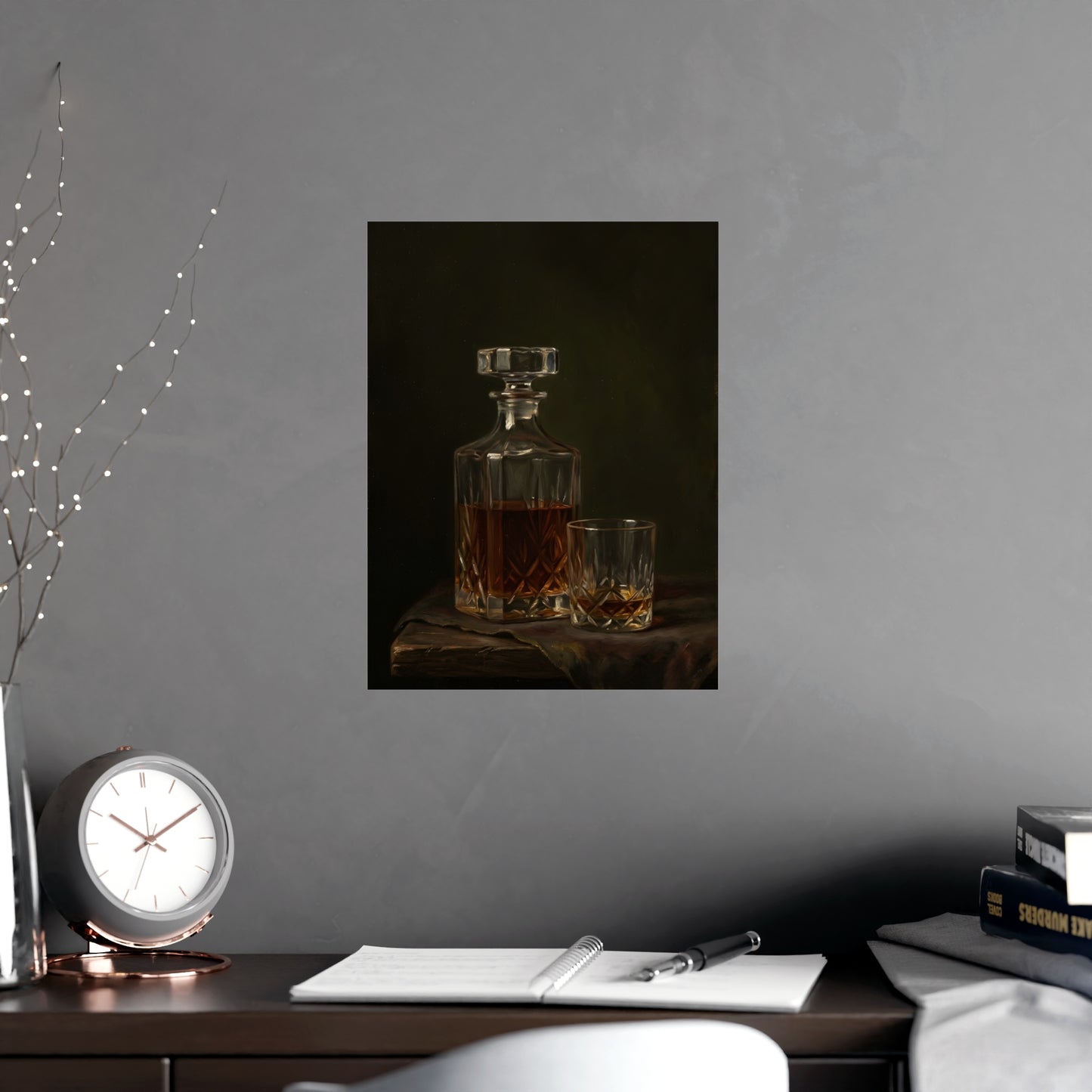 Decanter and Glass hung above a desk with a clock and notebook, 12x18 in print