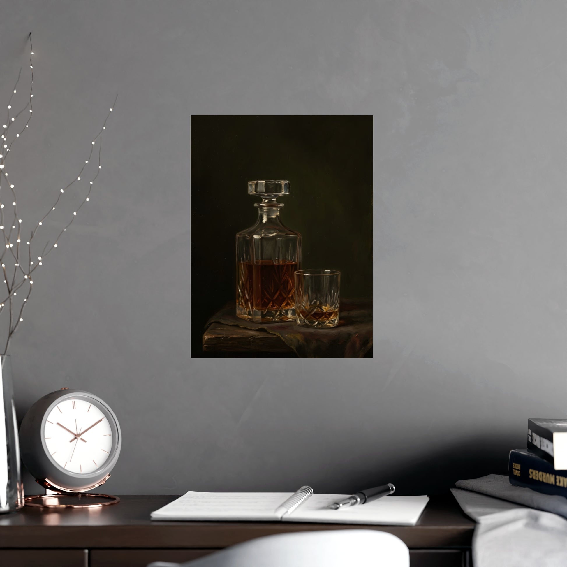 Decanter and Glass hung above a desk with a clock and notebook, 12x18 in print