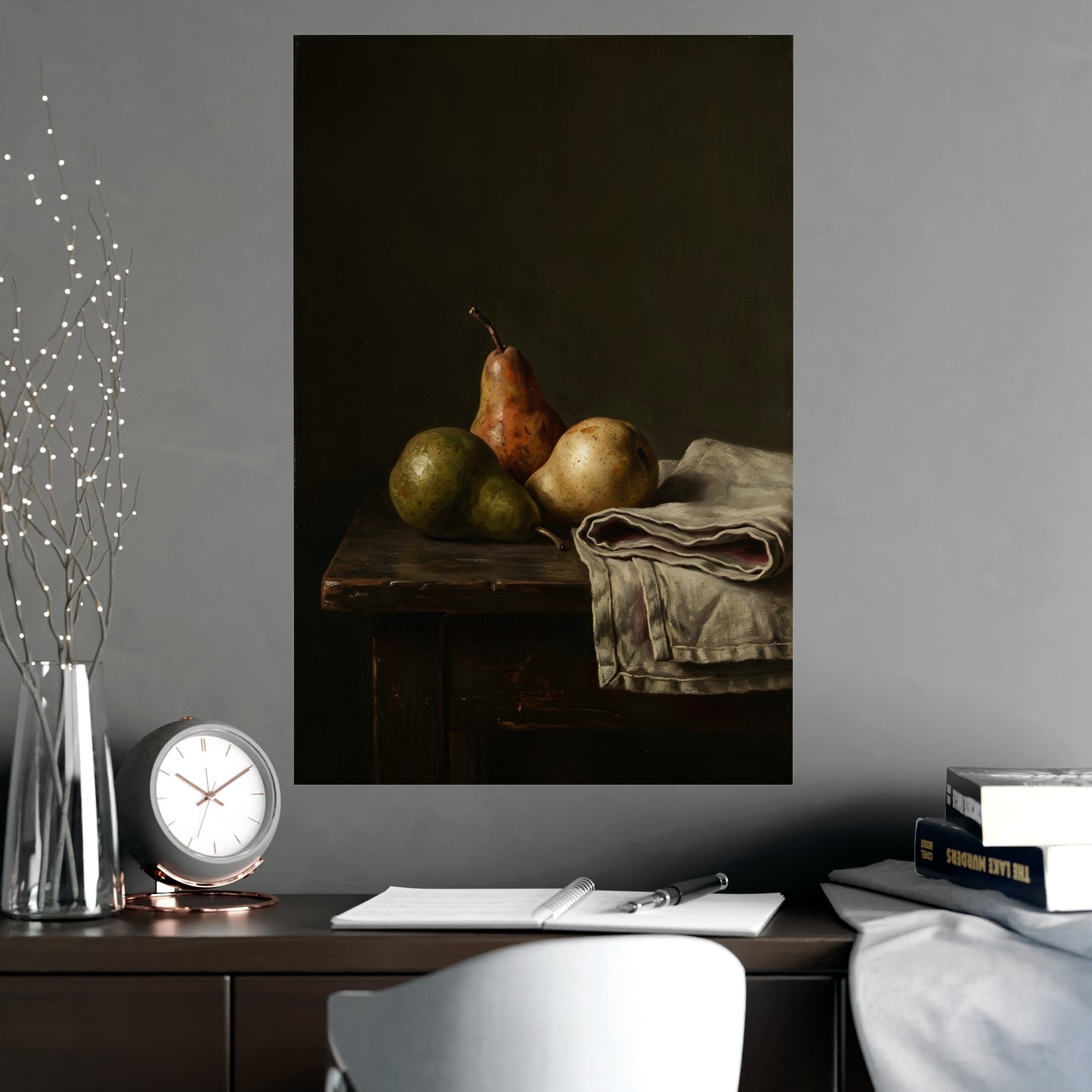 Three Pears hung on a grey wall above a dark sofa, 20x30 in print