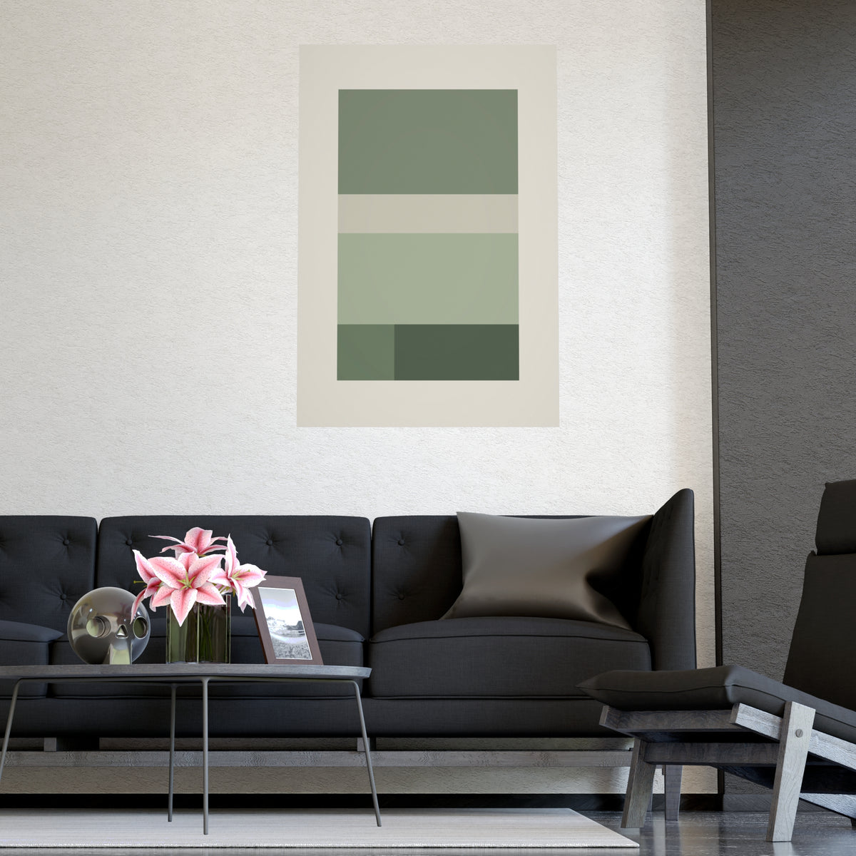 Sage Neutral Blocks Boho Wall Art — blocks in a sage neutral palette, shown framed on a wall