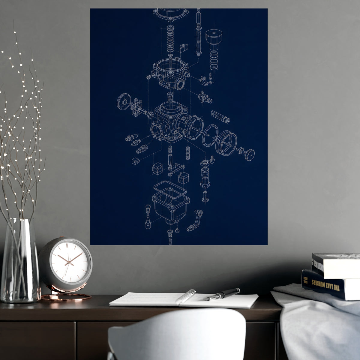 Carburettor, Exploded — carburettor, exploded, shown framed on a wall