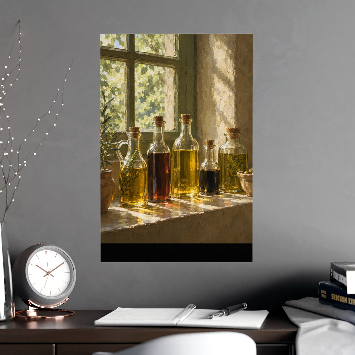 Oil and Vinegar on the Sill — oil and vinegar on the sill, shown framed on a wall