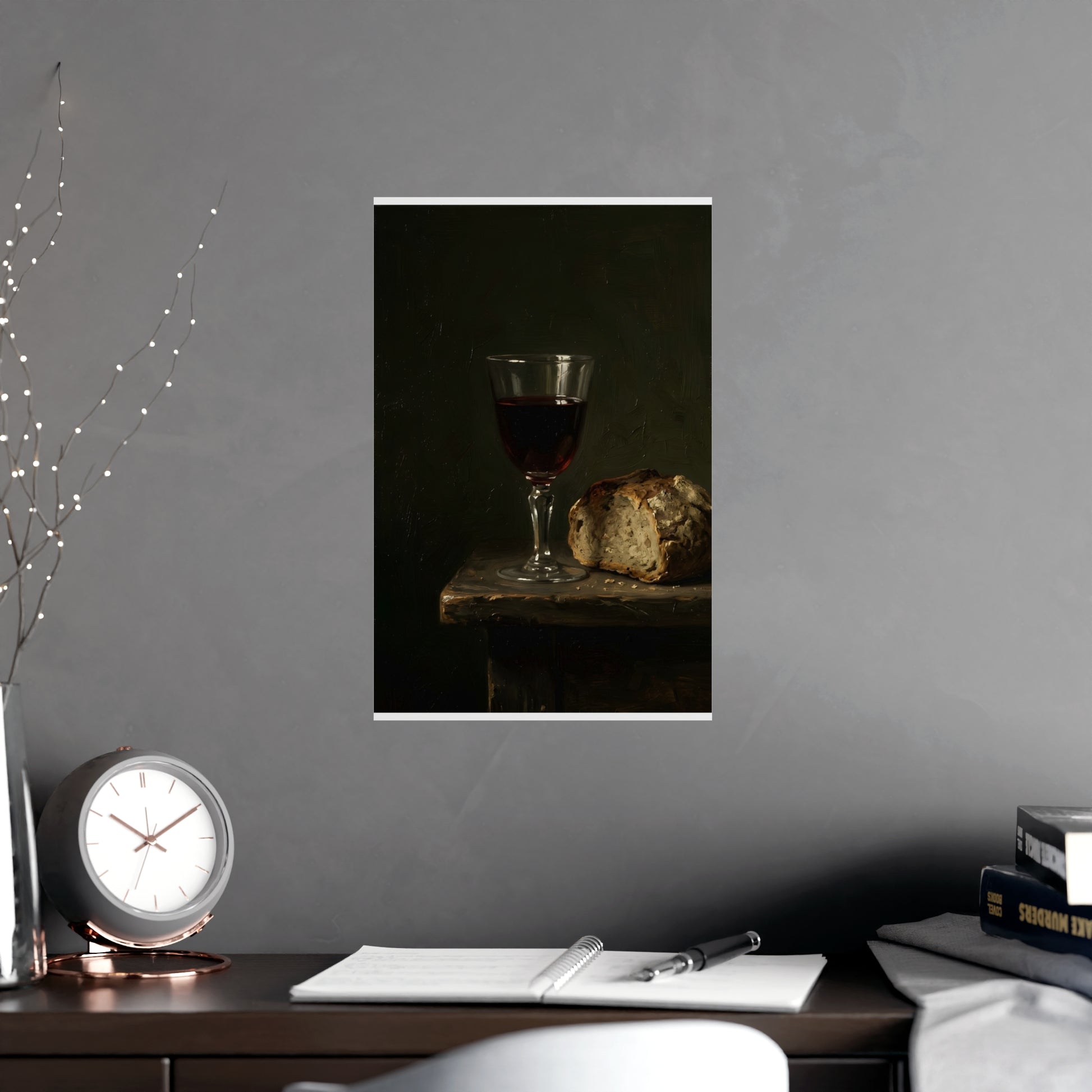 Wine and Bread hung above a sofa with a side table and lilies, 11x17 in print