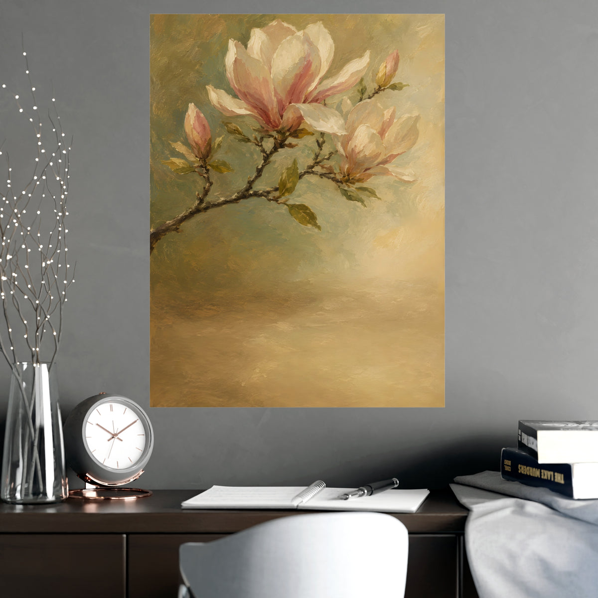 Magnolia Branch — a single magnolia branch in bloom, shown framed on a wall