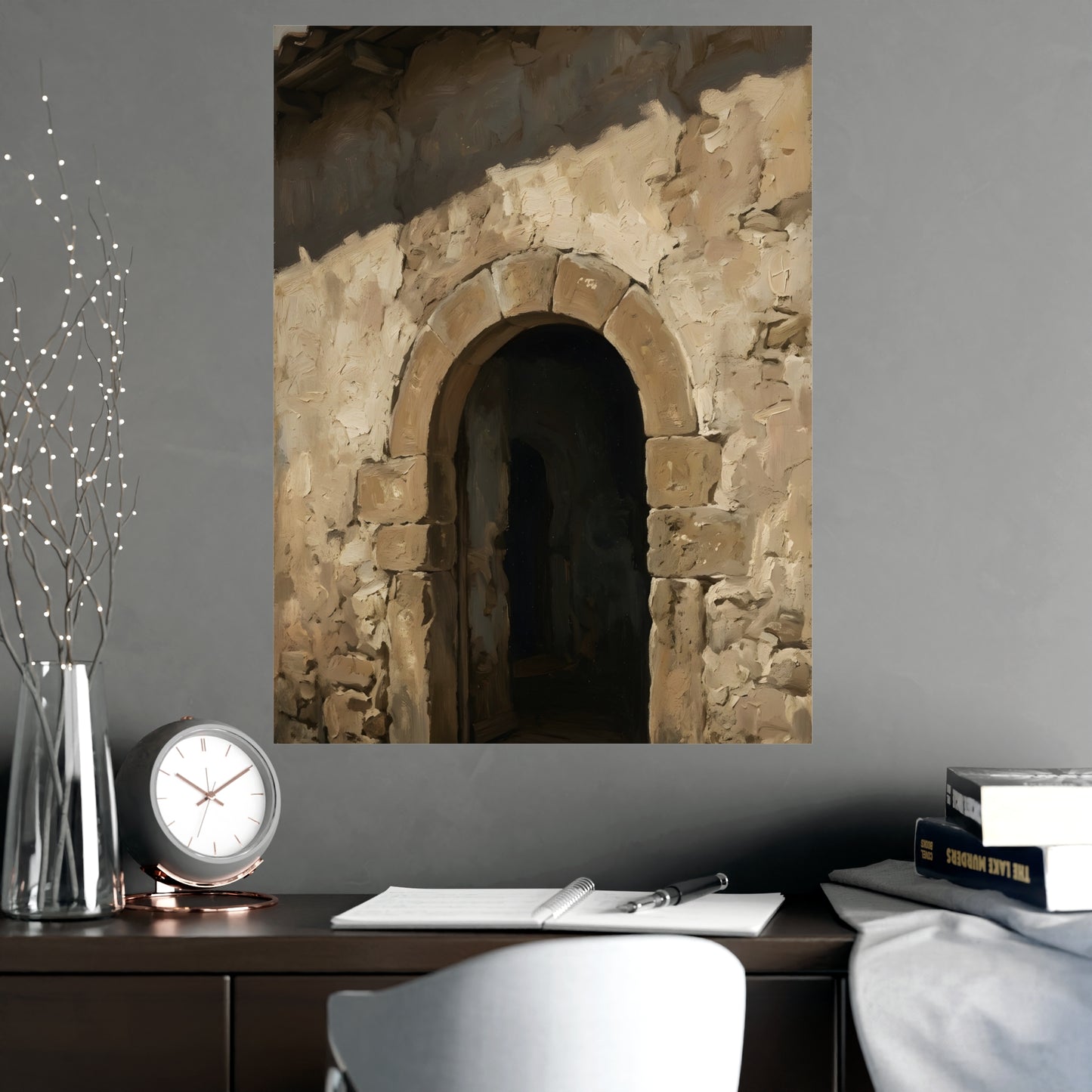 Arched Doorway hung above a sofa with a side table and lilies, 18x24 in print