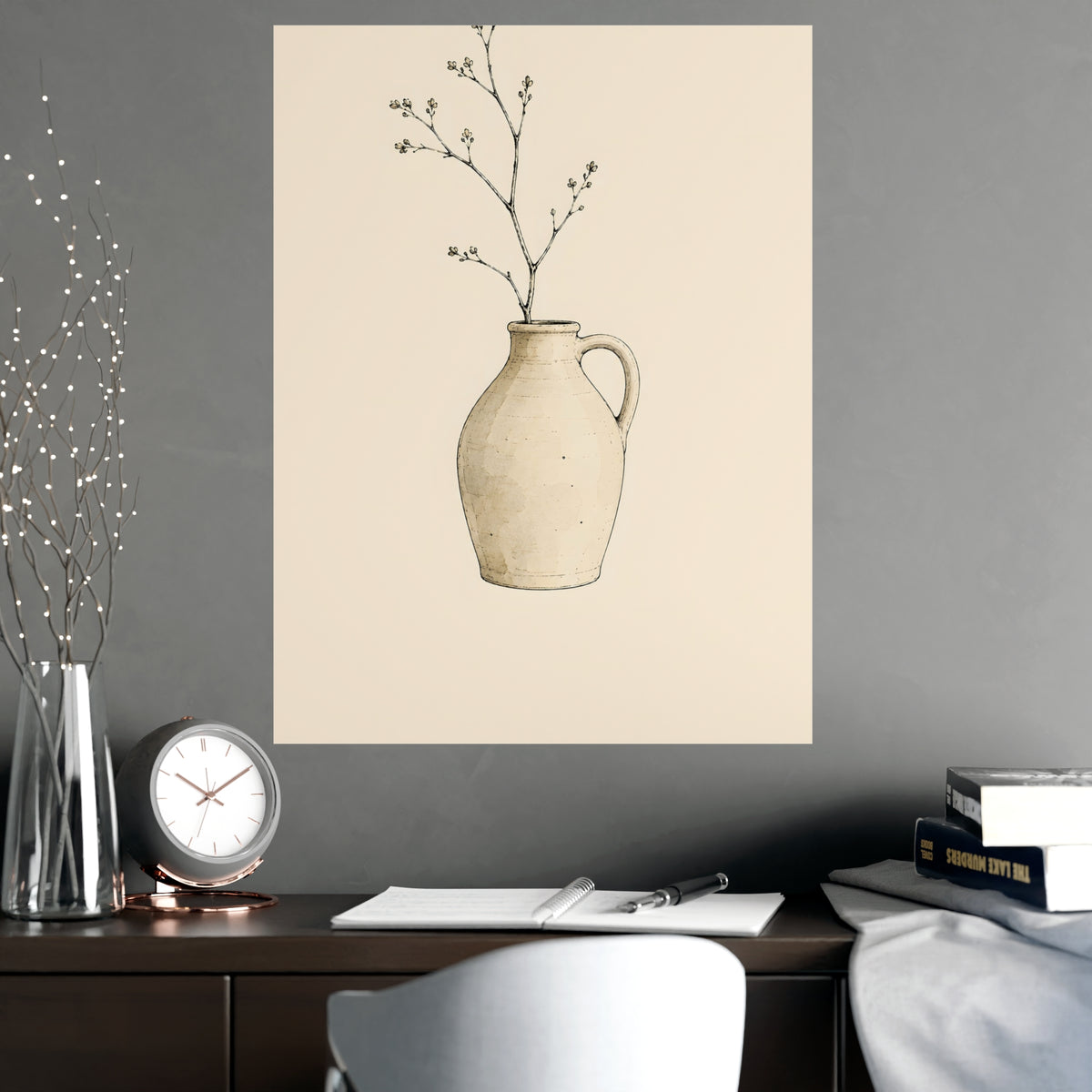 Jug and One Sprig — jug and one sprig, shown framed on a wall