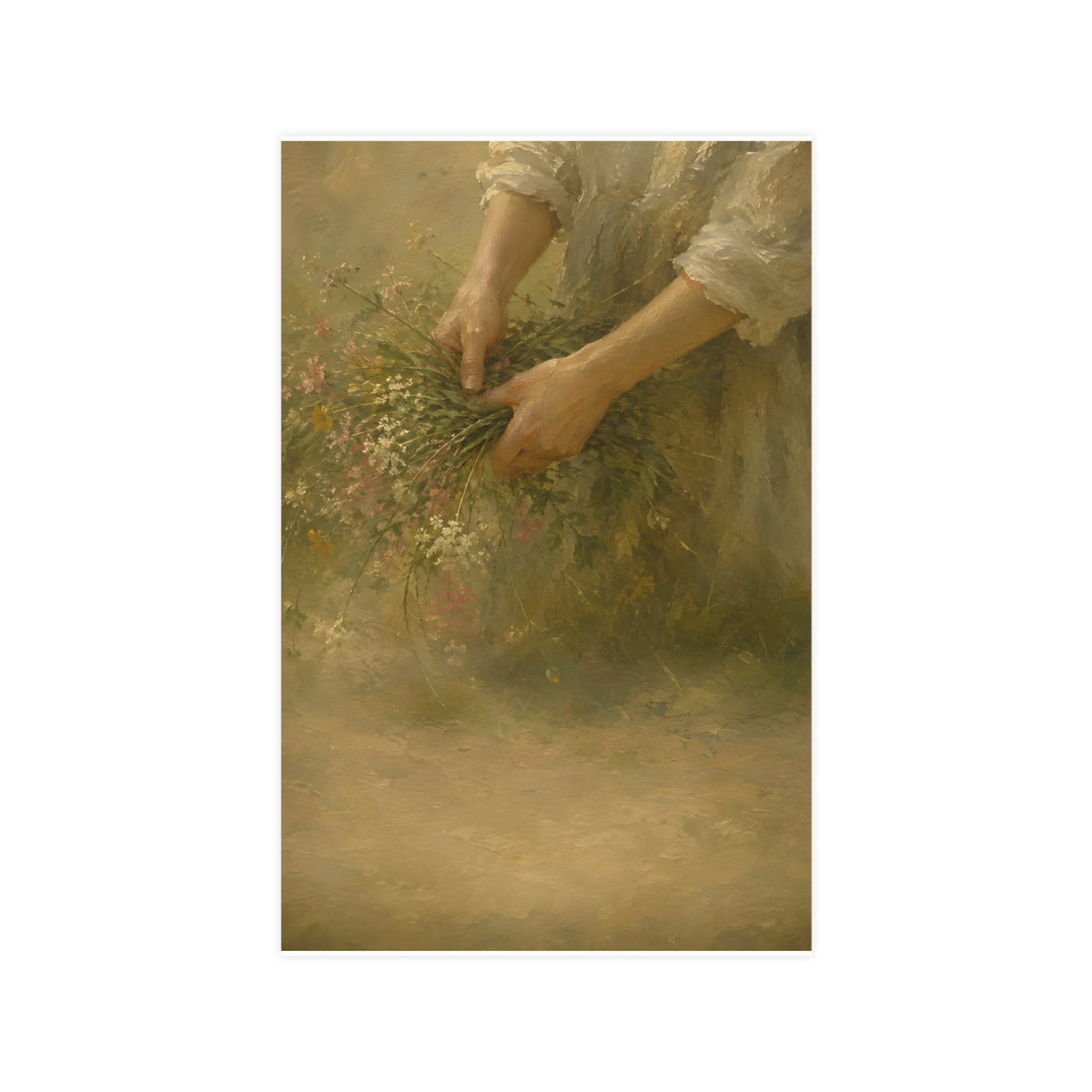 Hands and Wildflowers — a woman's hands gathering wildflower stems into a bundle, cropped at the forearms so no face is in fr