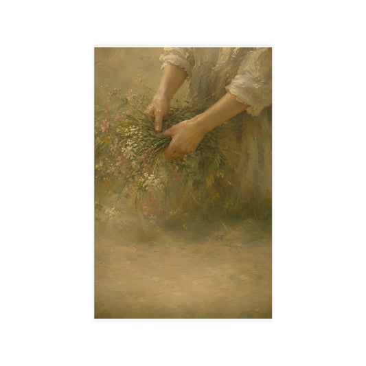 Hands and Wildflowers — a woman's hands gathering wildflower stems into a bundle, cropped at the forearms so no face is in fr