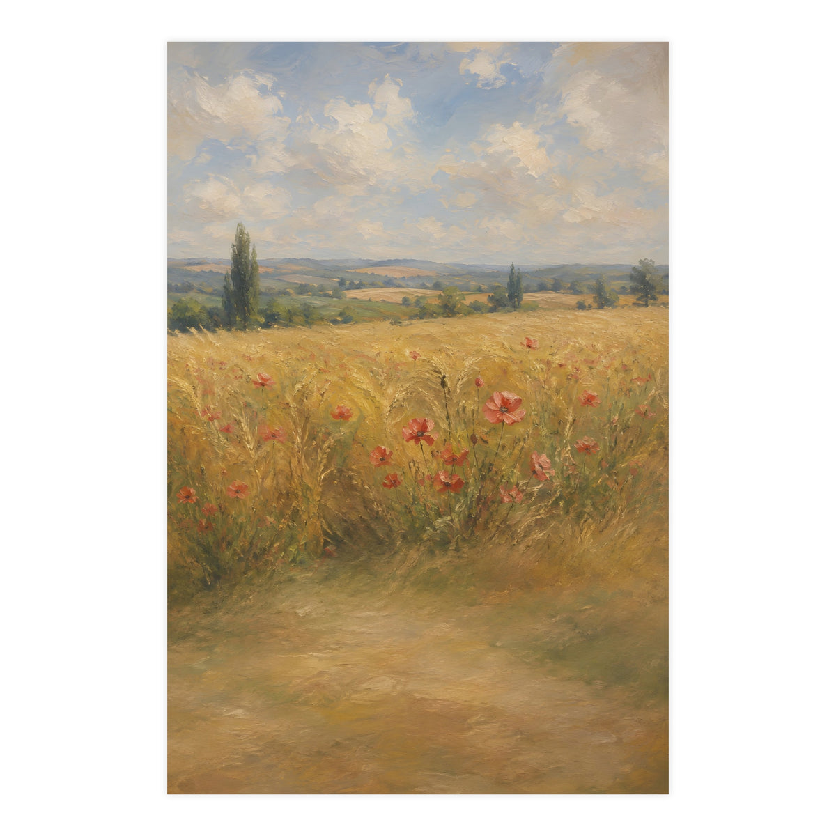 Poppies in the Wheat — wheat fields under a wide summer sky with poppies scattered through the gold, 24x36 in print
