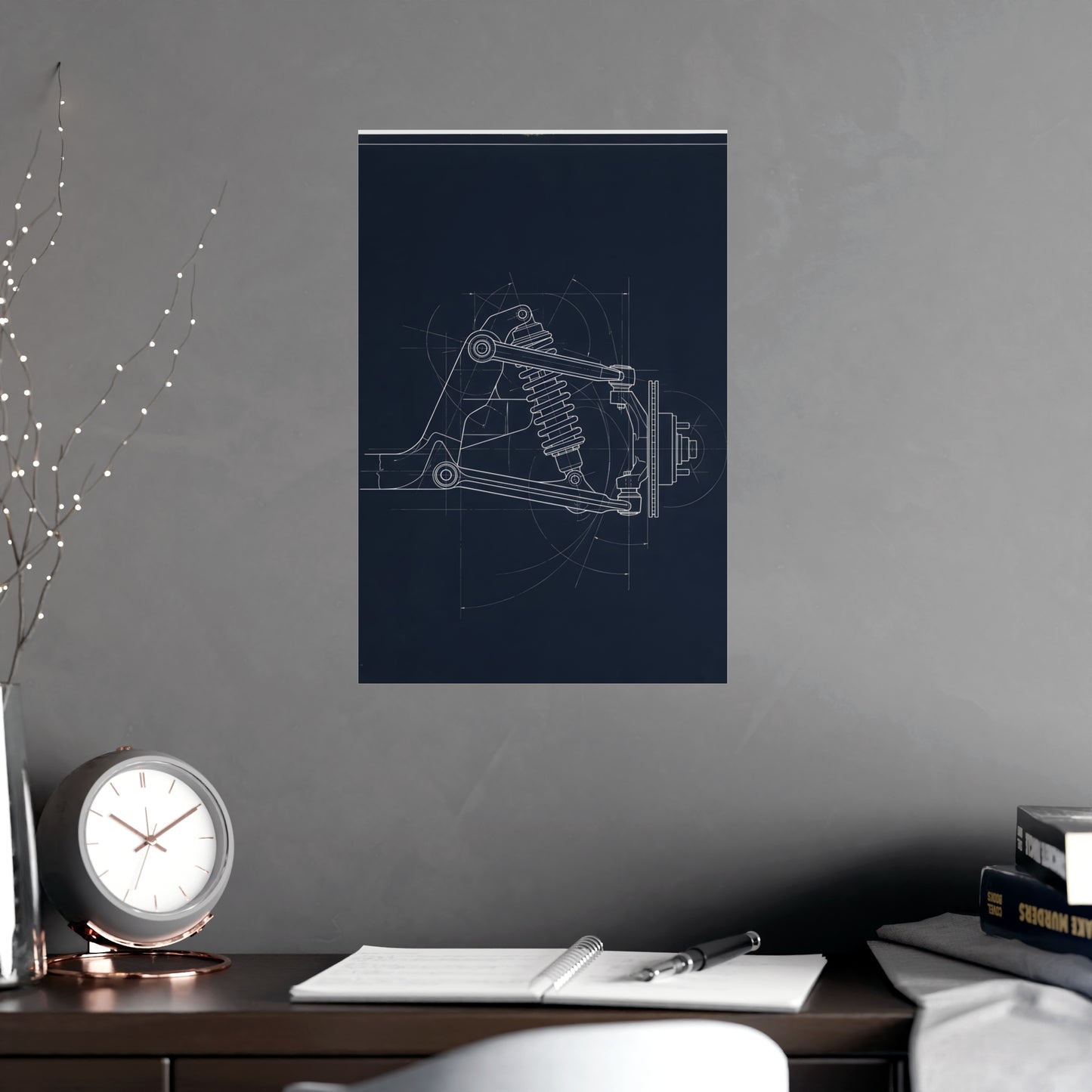 Double Wishbone hung above a sofa with a side table and lilies, 12x18 in print