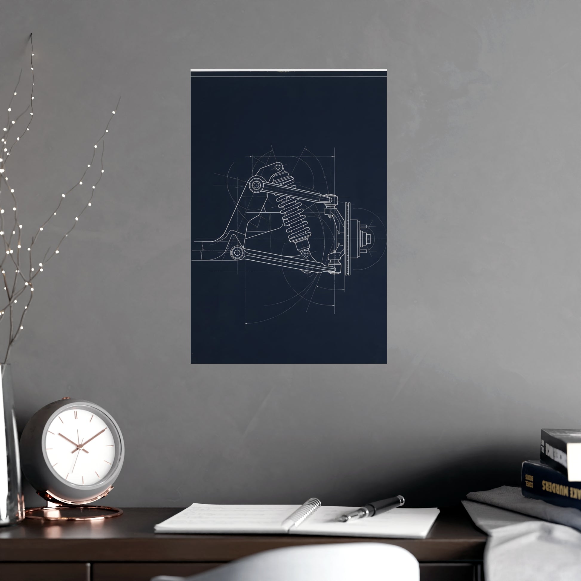 Double Wishbone hung above a sofa with a side table and lilies, 12x18 in print