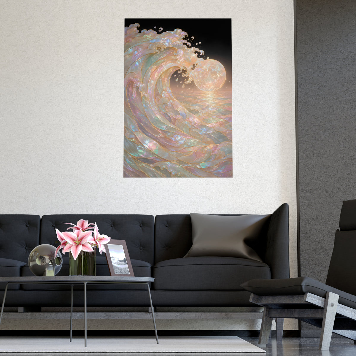 Wave and Moon — wave and moon, shown framed on a wall
