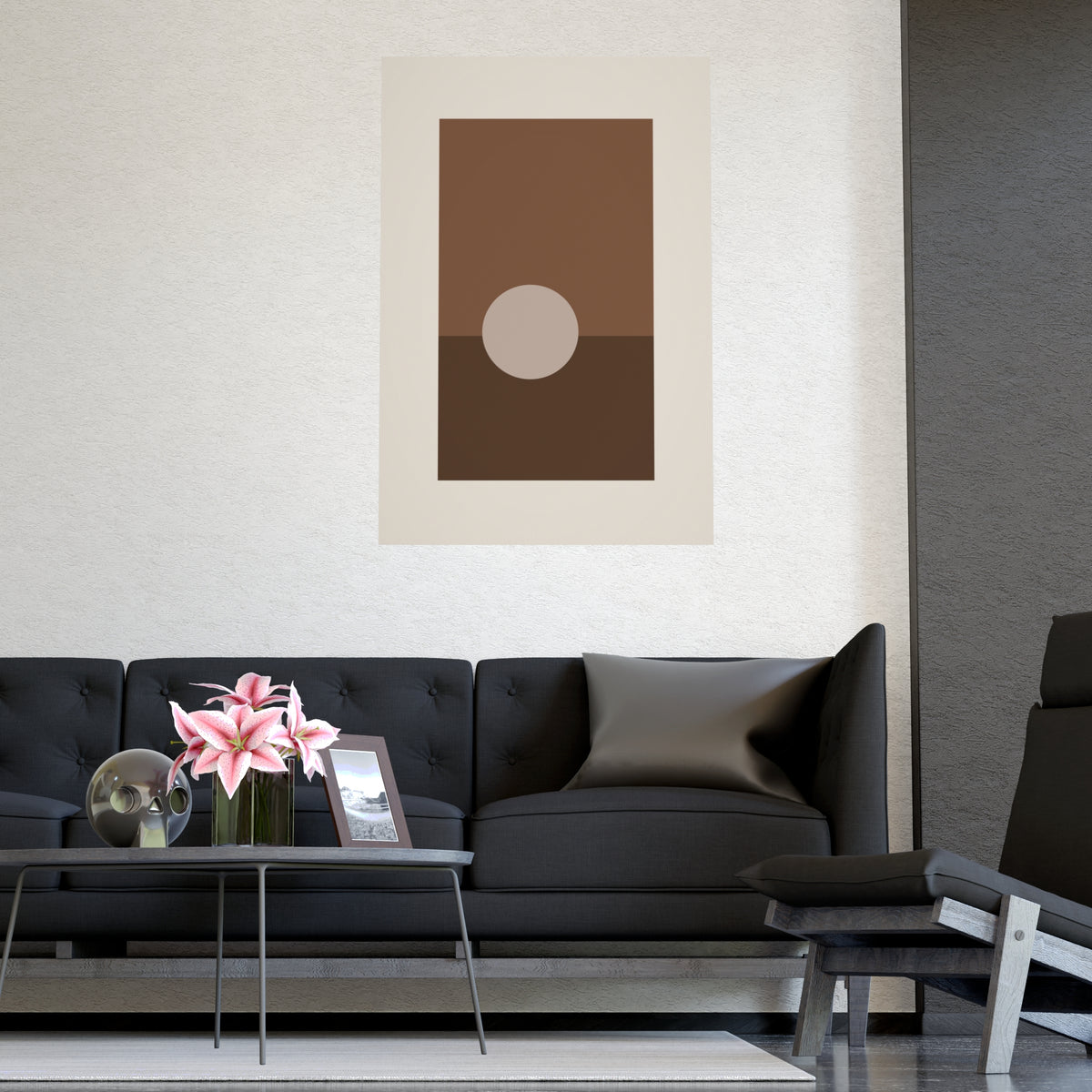 Sand Clay Sun Landscape Wall Art — sun landscape in a sand clay palette, shown framed on a wall