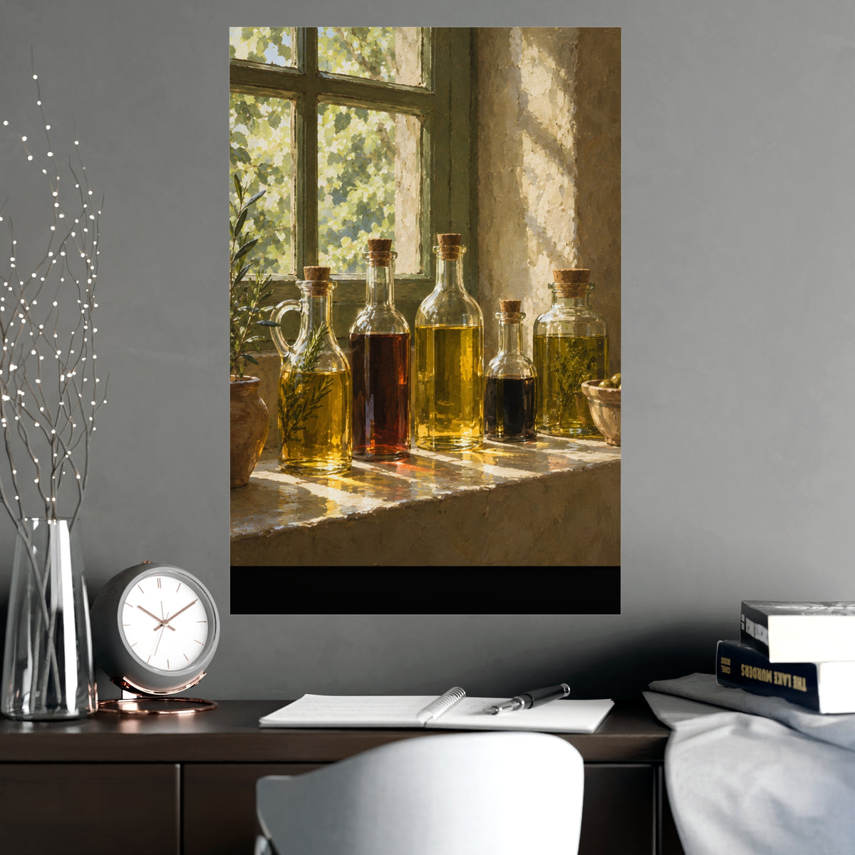 Oil and Vinegar on the Sill — oil and vinegar on the sill, shown framed on a wall