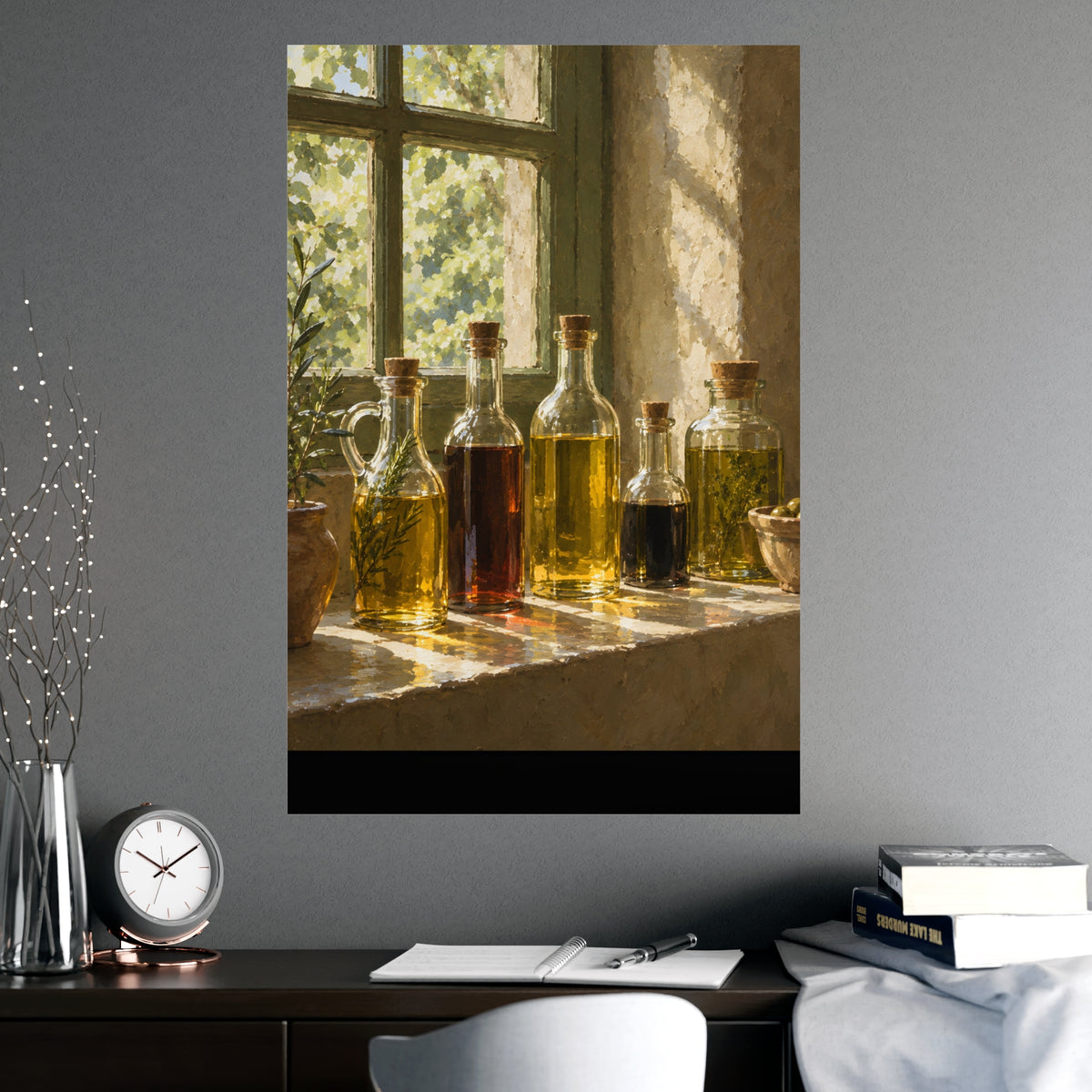 Oil and Vinegar on the Sill — oil and vinegar on the sill, shown framed on a wall