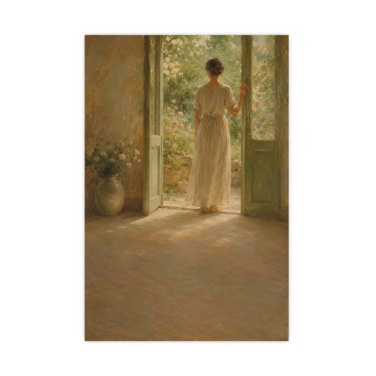 Doorway to the Garden — a woman in a linen dress standing in an open doorway looking out to a summer garden, 16x24 in print