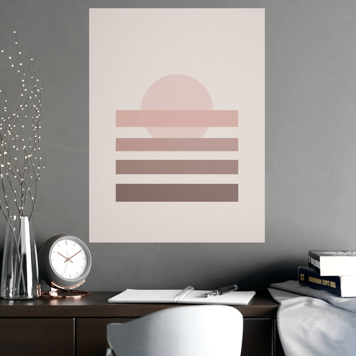 Dusty Rose Sunset Landscape Wall Art — sunset landscape in a dusty rose palette, shown framed on a wall