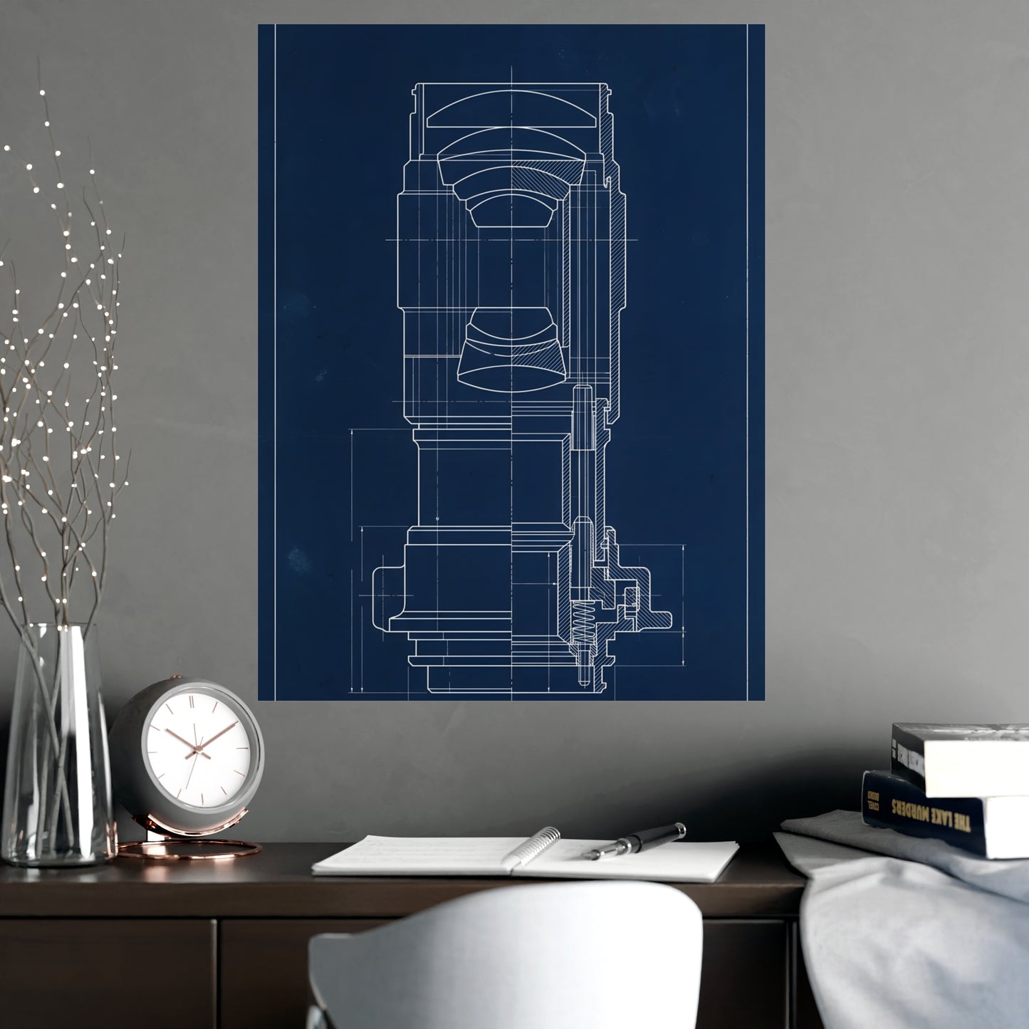 Lens and Mount framed on a cream wall in a living room, 18x24 in print