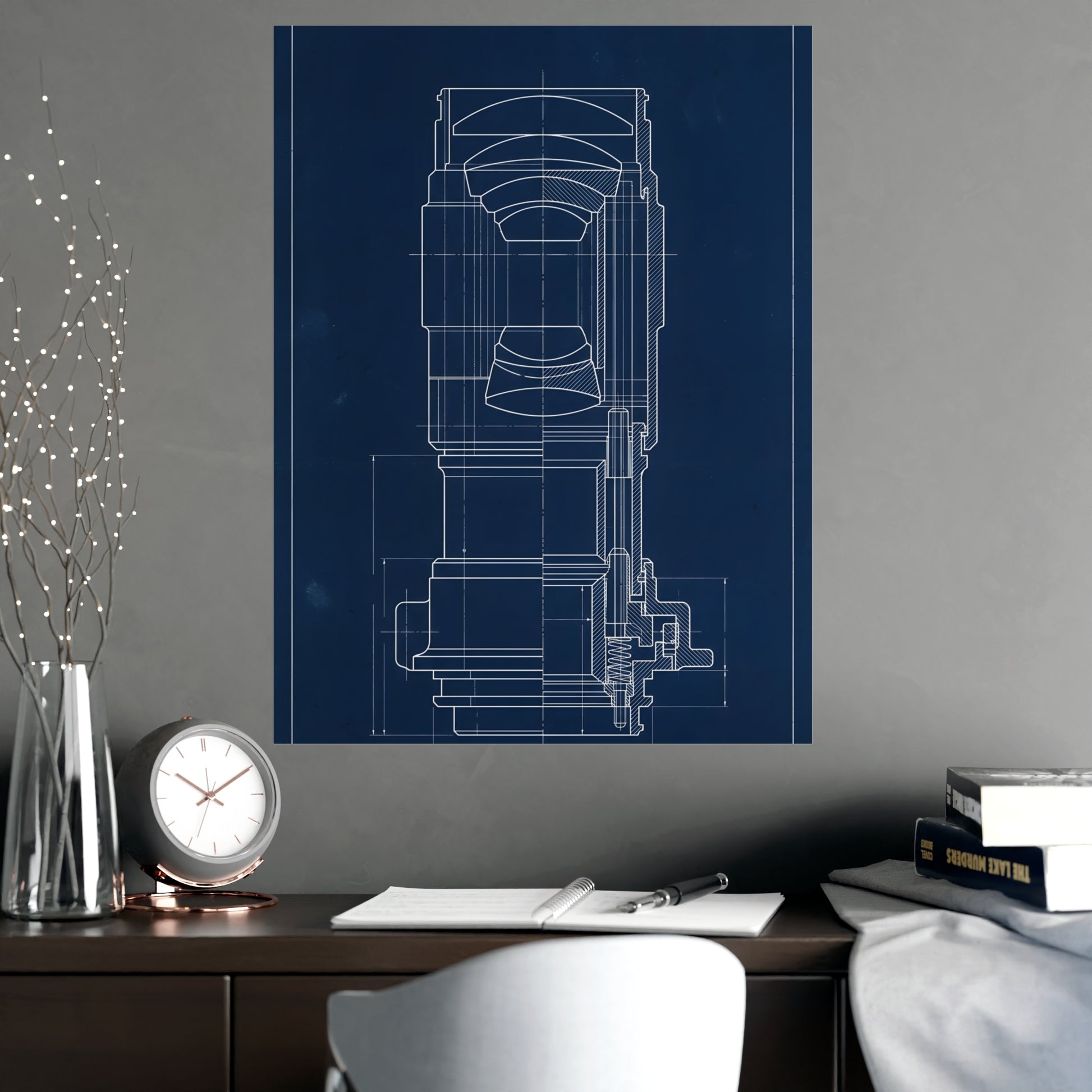 Lens and Mount framed on a cream wall in a living room, 18x24 in print