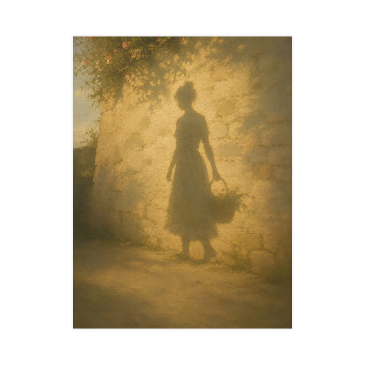 Her Shadow on the Wall — the long shadow of a woman carrying a basket, cast across a sunlit stone wall, 18x24 in print