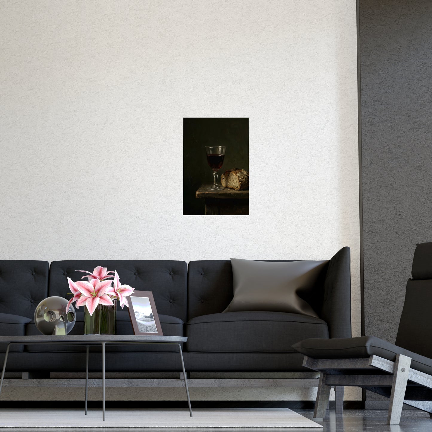Wine and Bread framed on a cream wall in a living room, 16x24 in print
