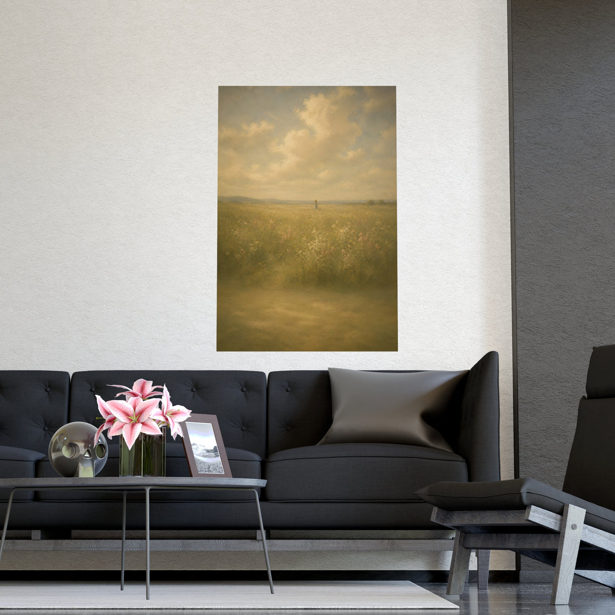 Small in the Field — a single figure very small and far off in a wide wildflower field under a wide summer sky, shown framed
