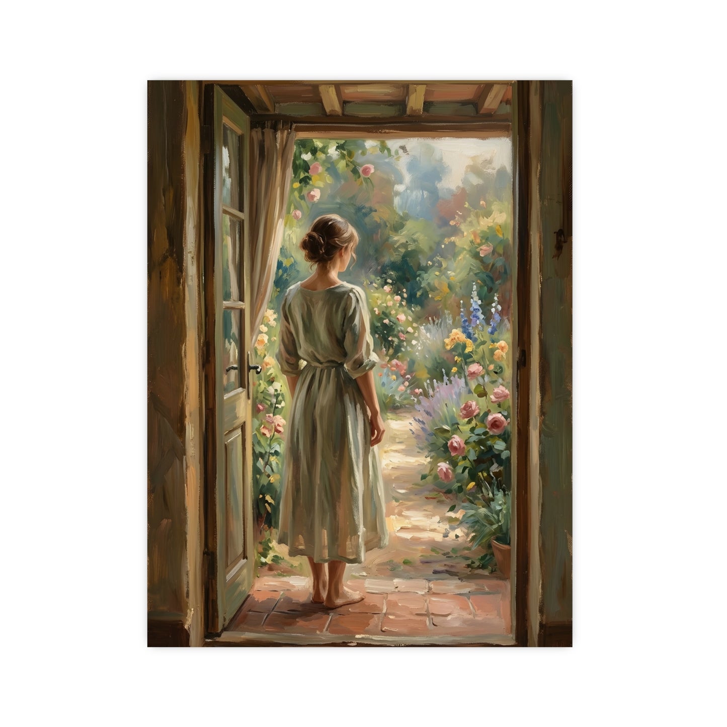 Doorway to the Garden — a woman in a linen dress standing in an open doorway looking out to a summer garden, 16x24 in print
