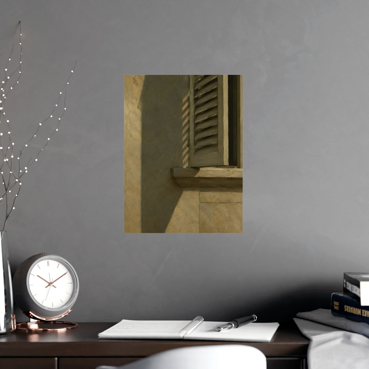 Shutters, Half Closed — shutters, half closed, shown framed on a wall