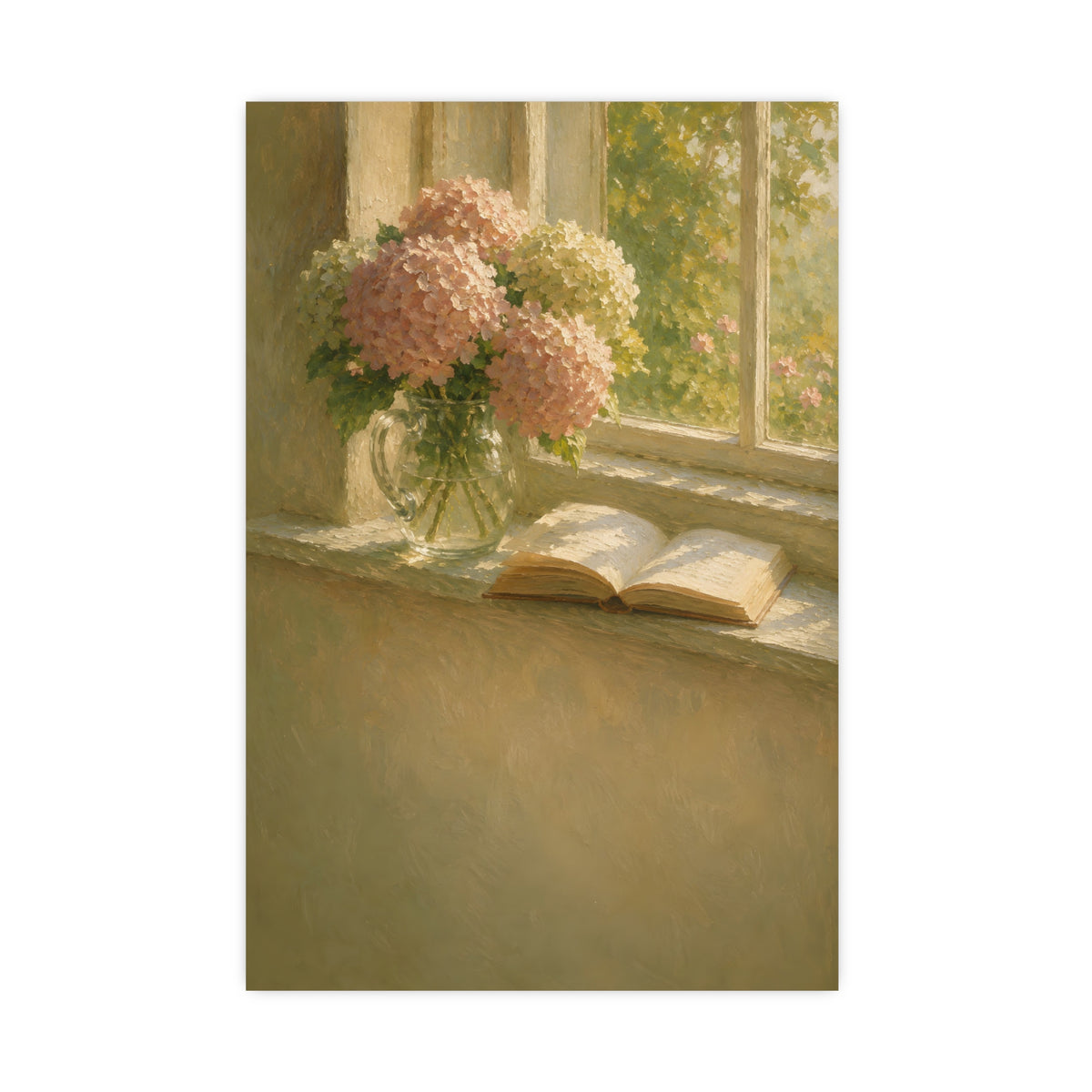 Hydrangeas and a Book — hydrangeas in a glass jug beside an open book on a sunlit windowsill, 16x24 in print