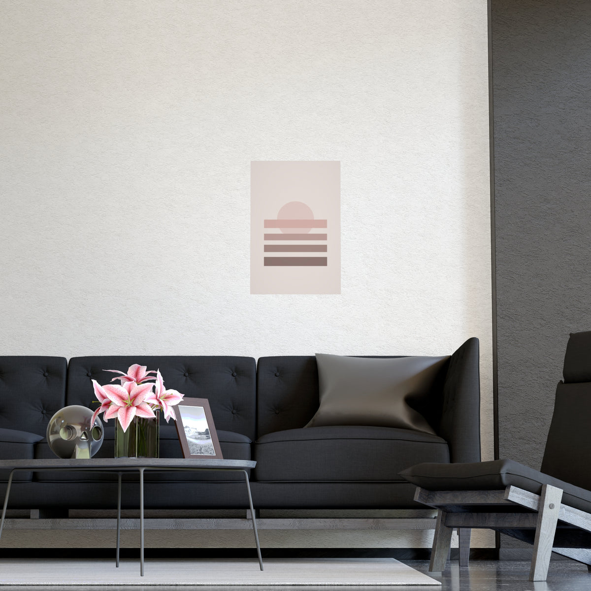 Dusty Rose Sunset Landscape Wall Art — sunset landscape in a dusty rose palette, shown framed on a wall
