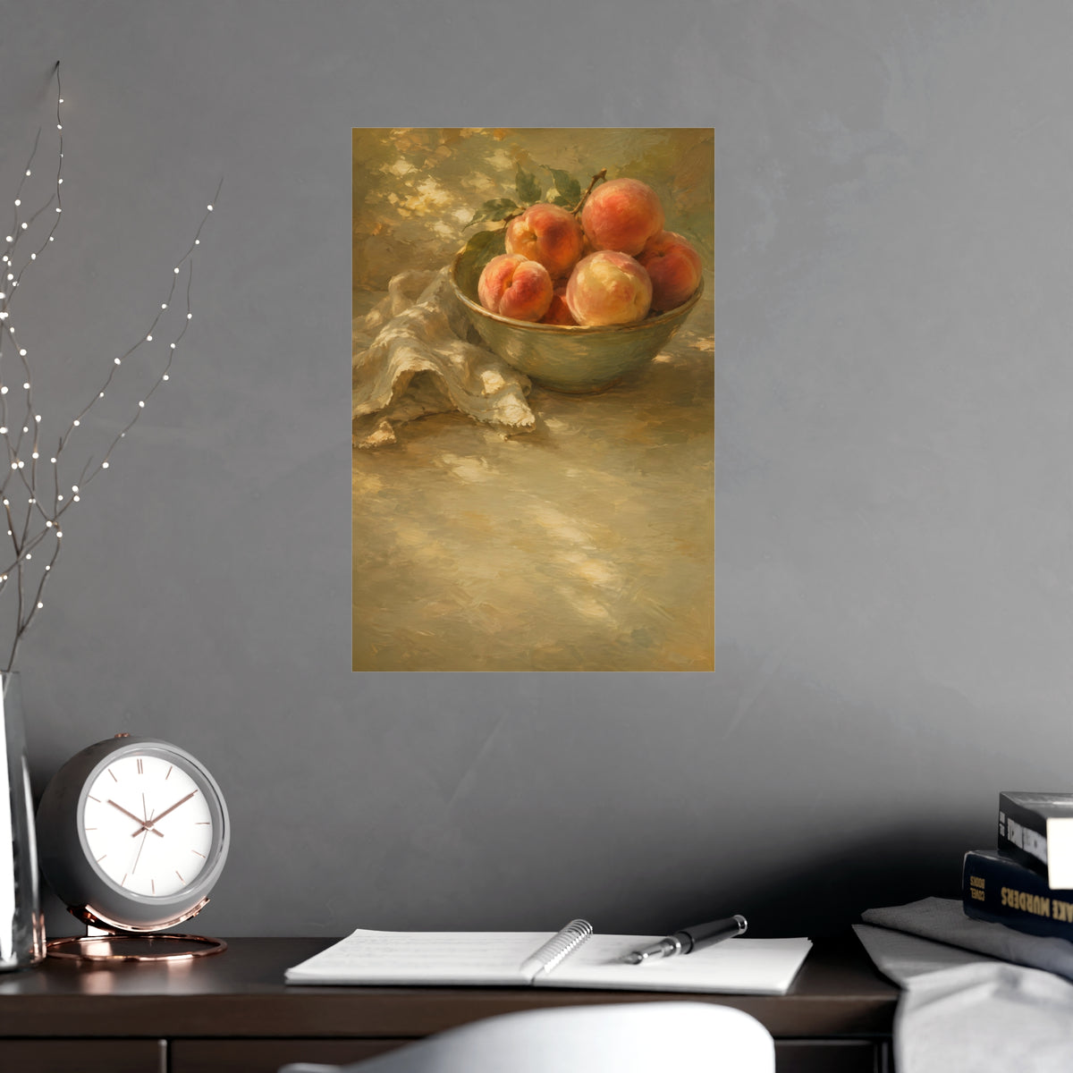 Bowl of Peaches — a bowl of ripe peaches and a folded linen napkin on a sunlit table, shown framed on a wall