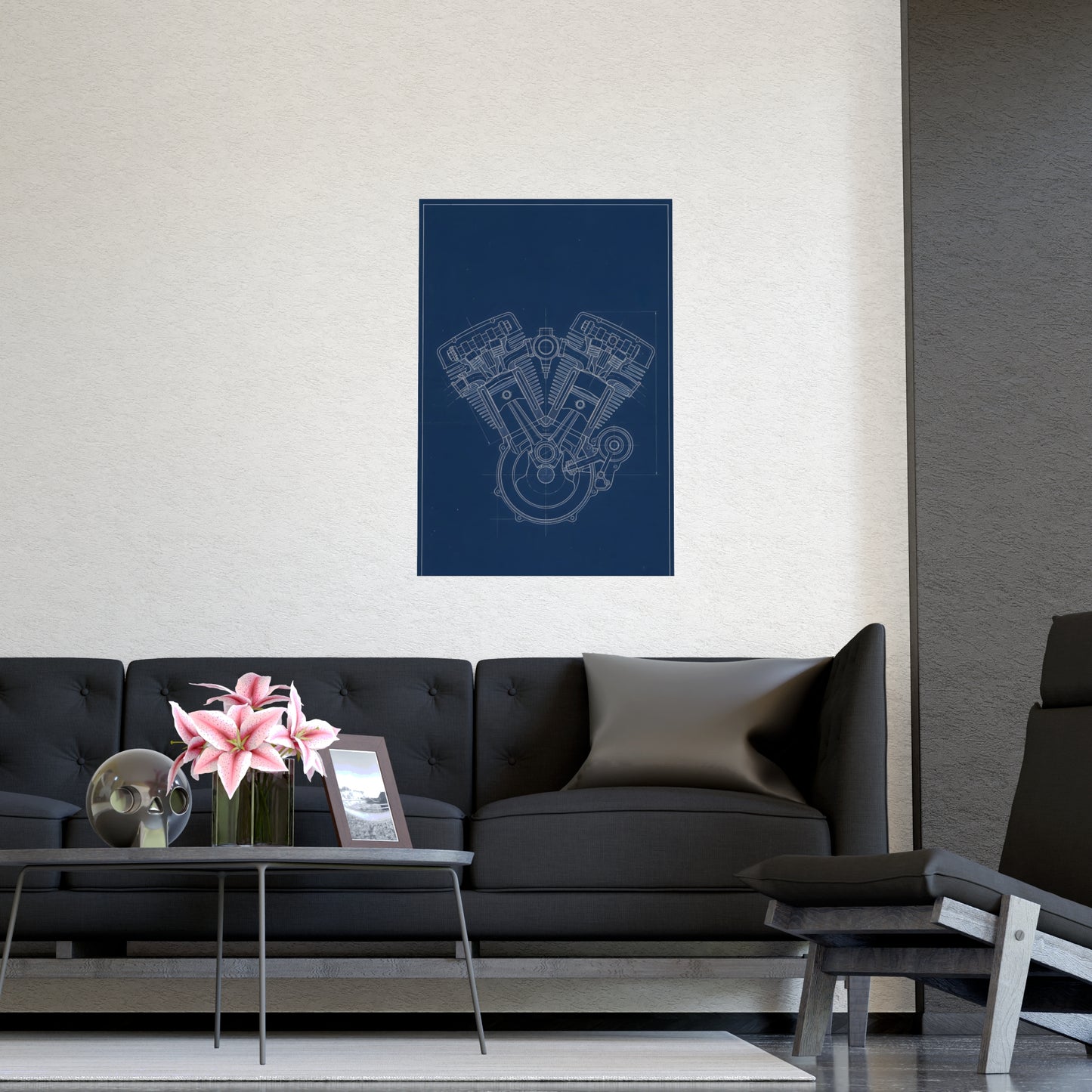 V-Twin Engine on a plain wall, shown at a larger size, 16x24 in print