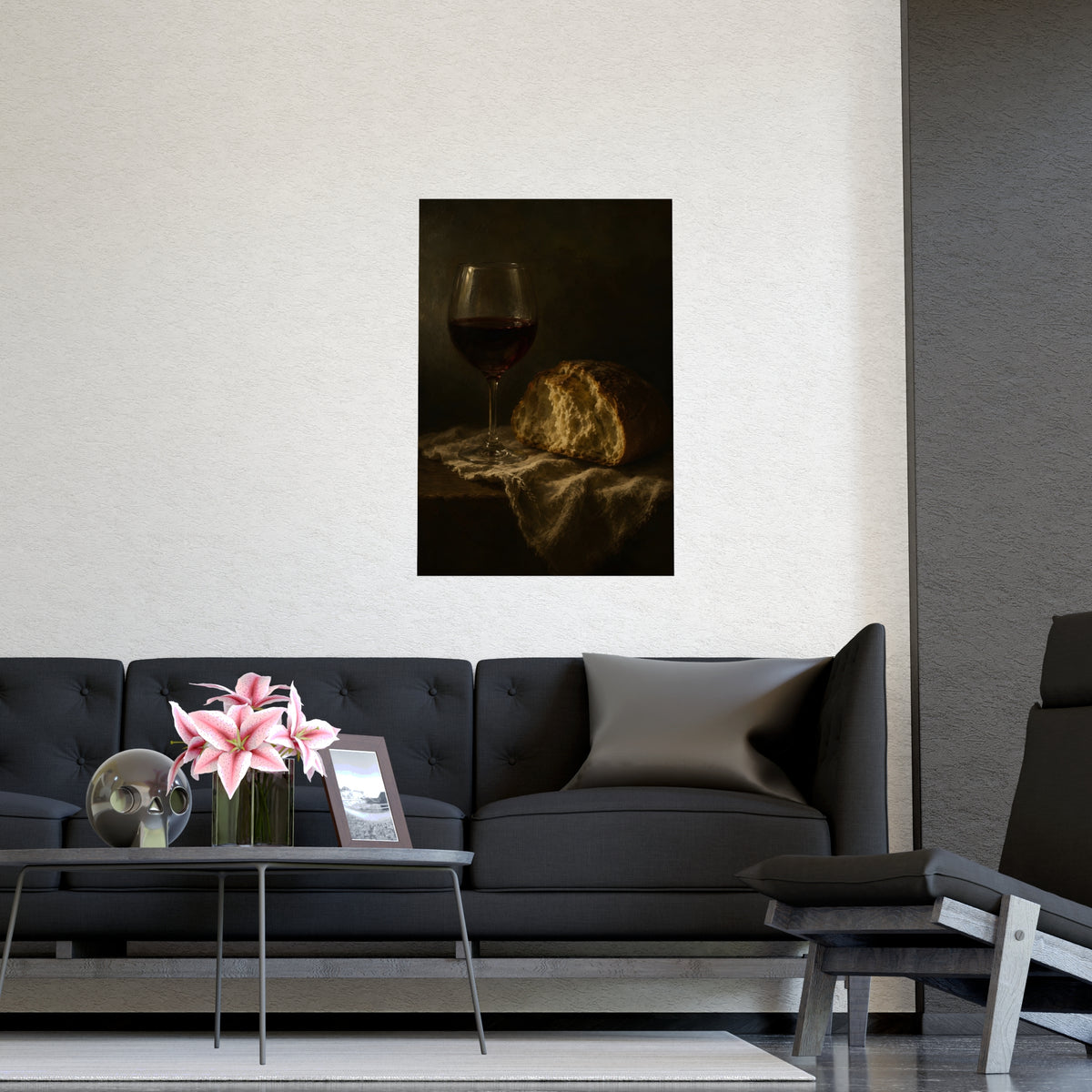 Wine and Bread — wine and bread, shown framed on a wall