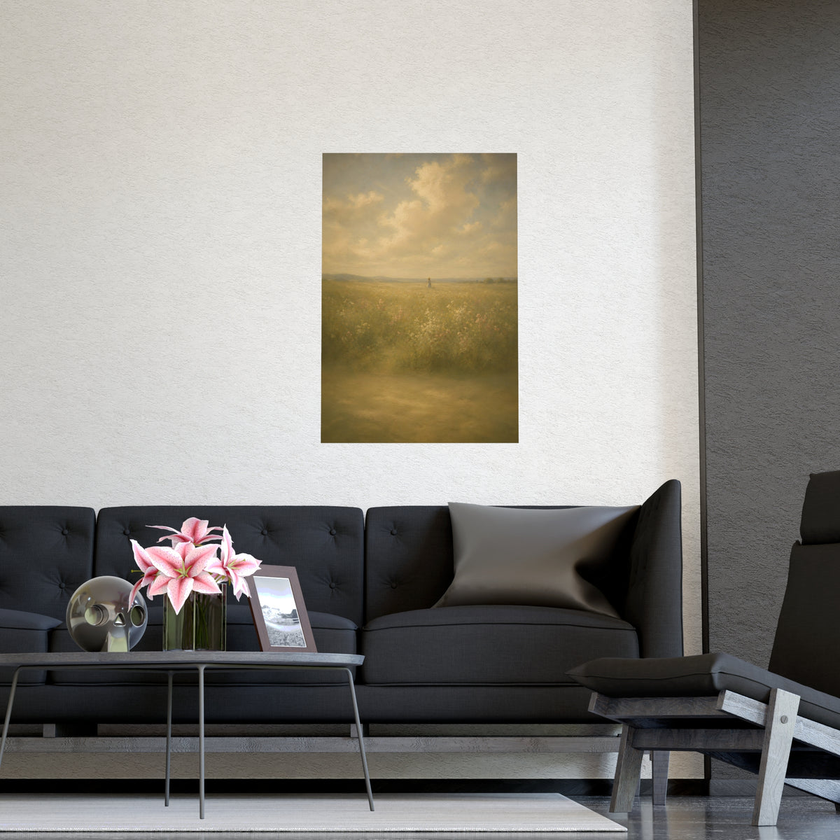 Small in the Field — a single figure very small and far off in a wide wildflower field under a wide summer sky, shown framed