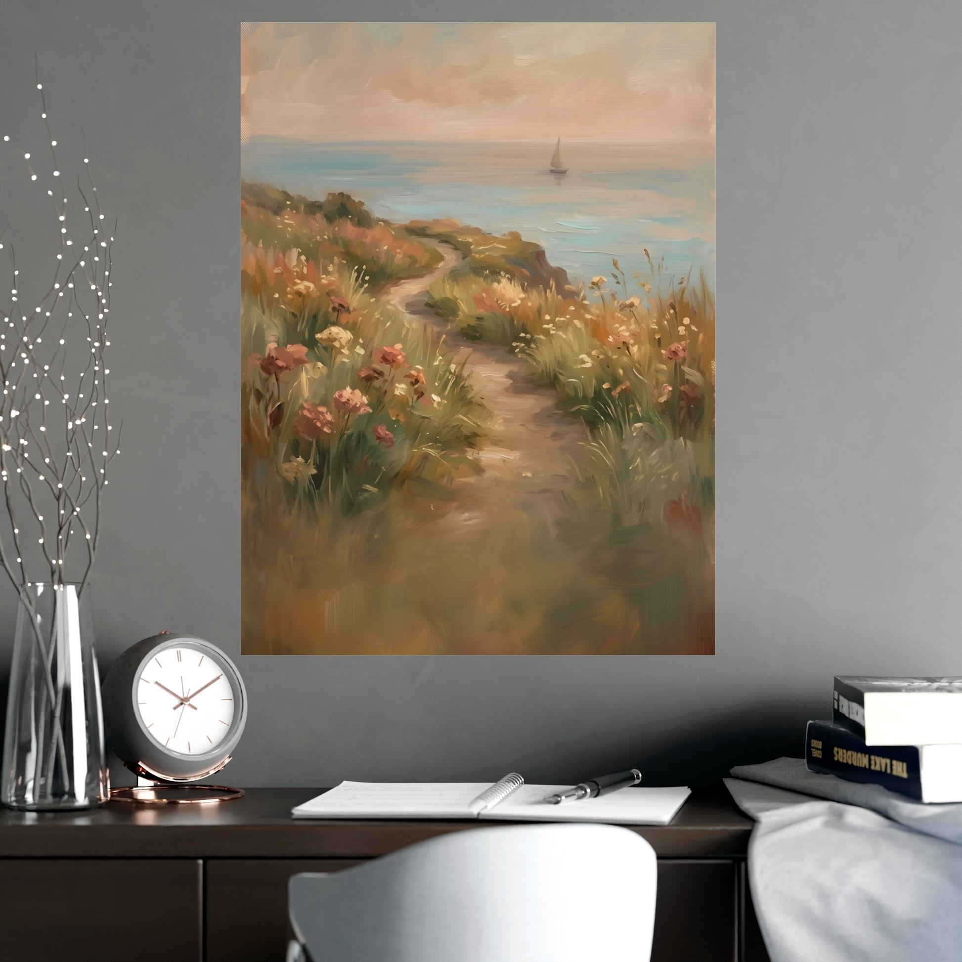 Coast Path hung above a sofa with a side table and lilies, 18x24 in print