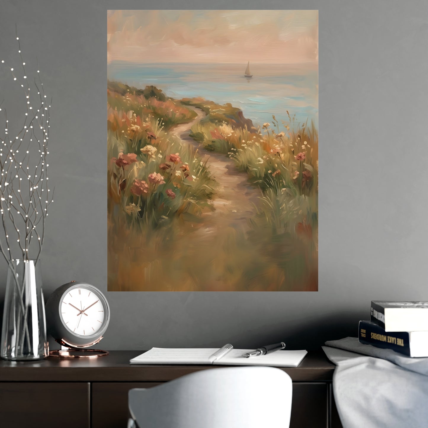 Gemini 19 hung above a sofa with a side table and lilies, 18x24 in print