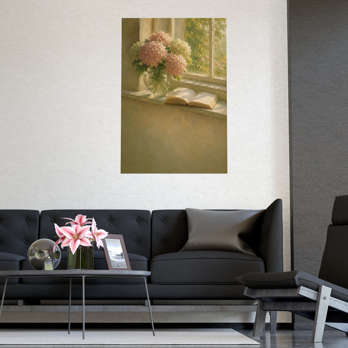 Hydrangeas and a Book — hydrangeas in a glass jug beside an open book on a sunlit windowsill, shown framed on a wall