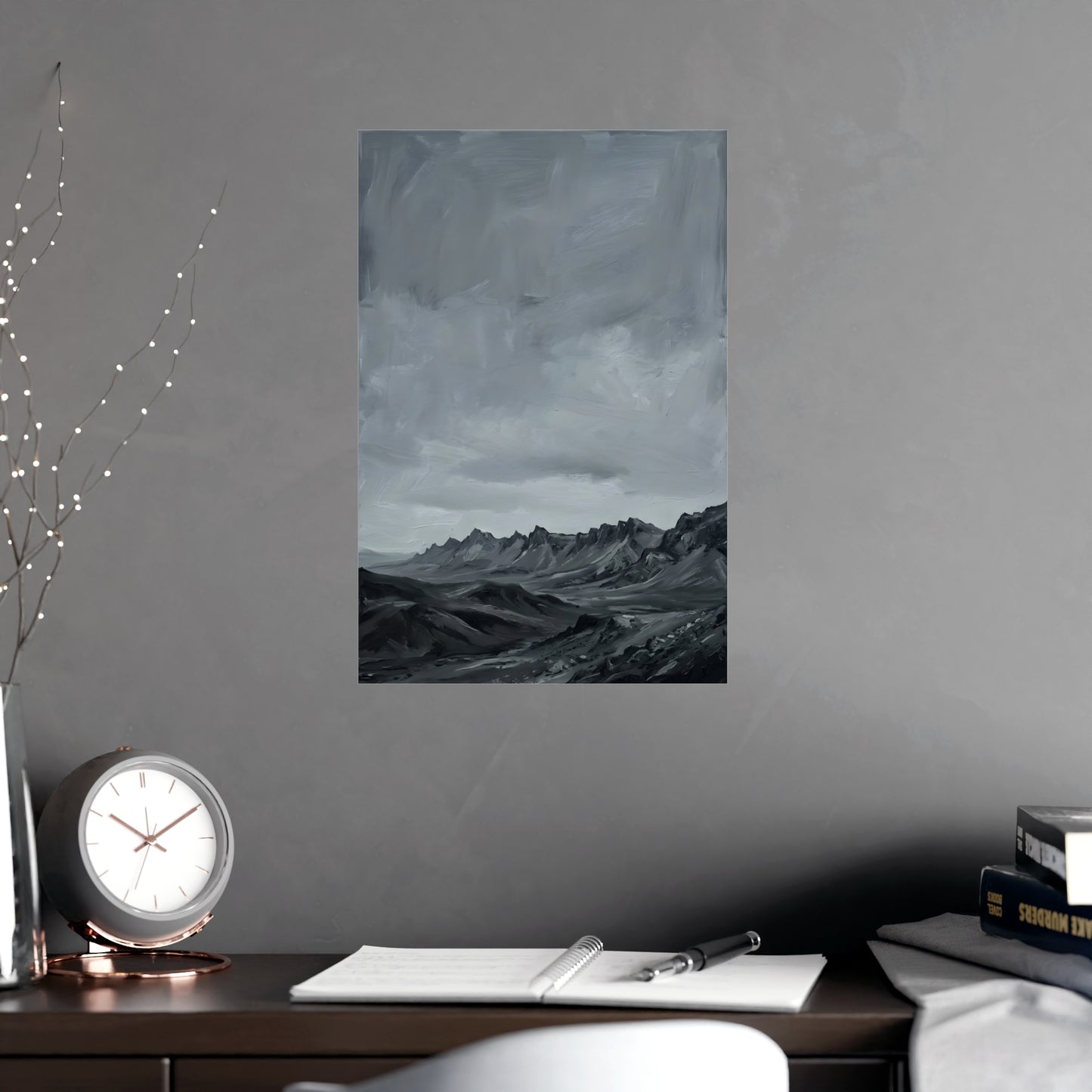 Distant Ridge hung on a grey wall above a dark sofa, 12x18 in print