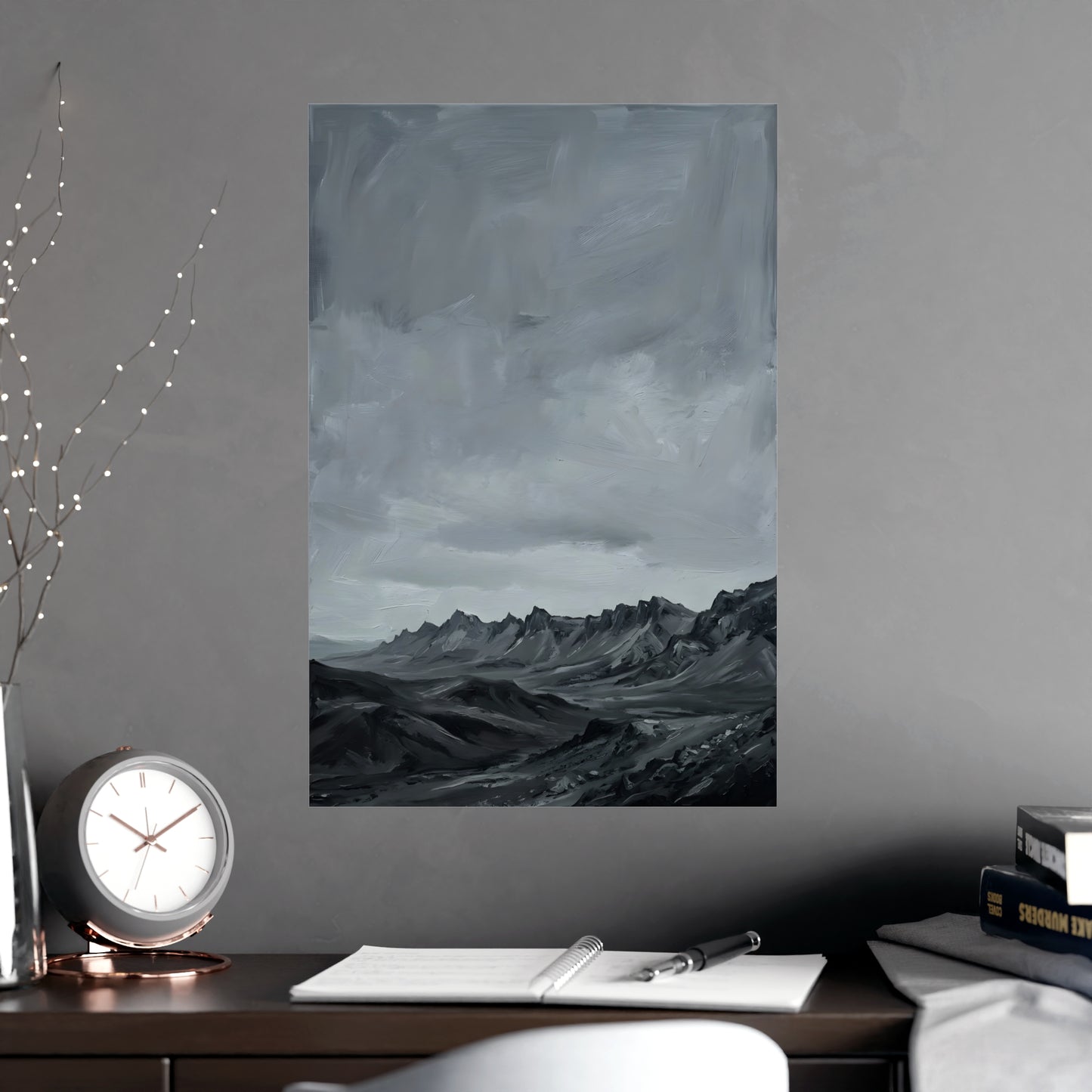 Distant Ridge framed on a cream wall in a living room, 18x24 in print