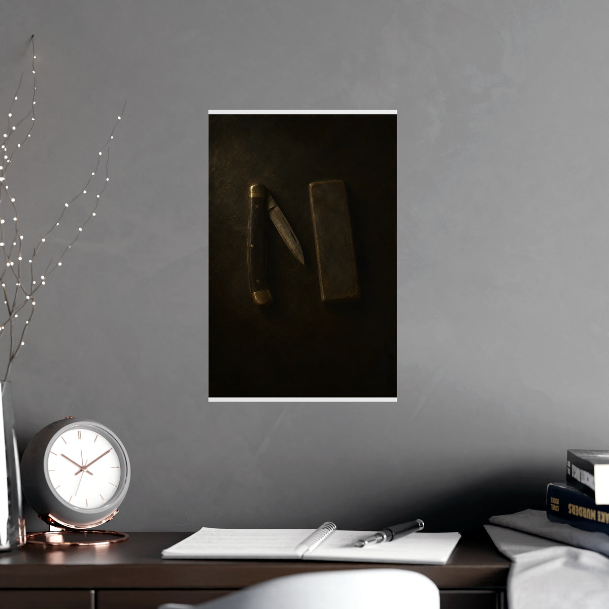 Knife and Whetstone — knife and whetstone, shown framed on a wall