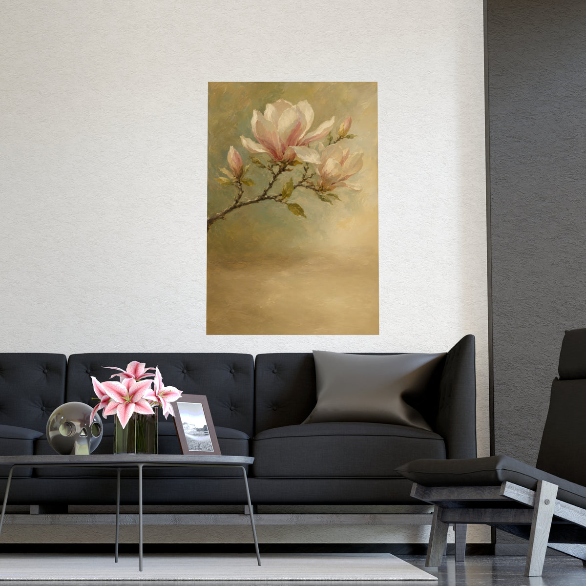 Magnolia Branch — a single magnolia branch in bloom, shown framed on a wall