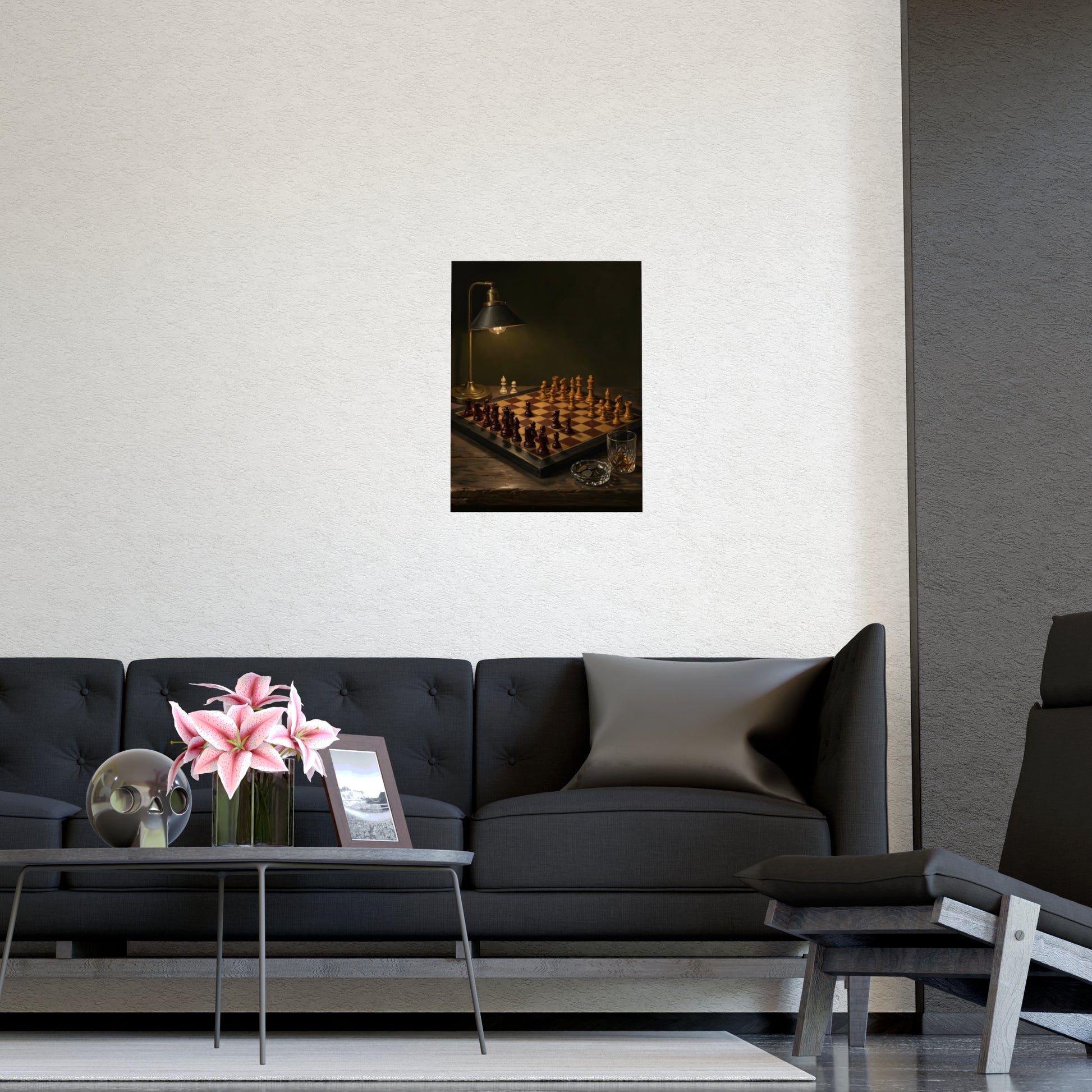 The Game, Unfinished hung above a desk with a clock and notebook, 12x16 in print
