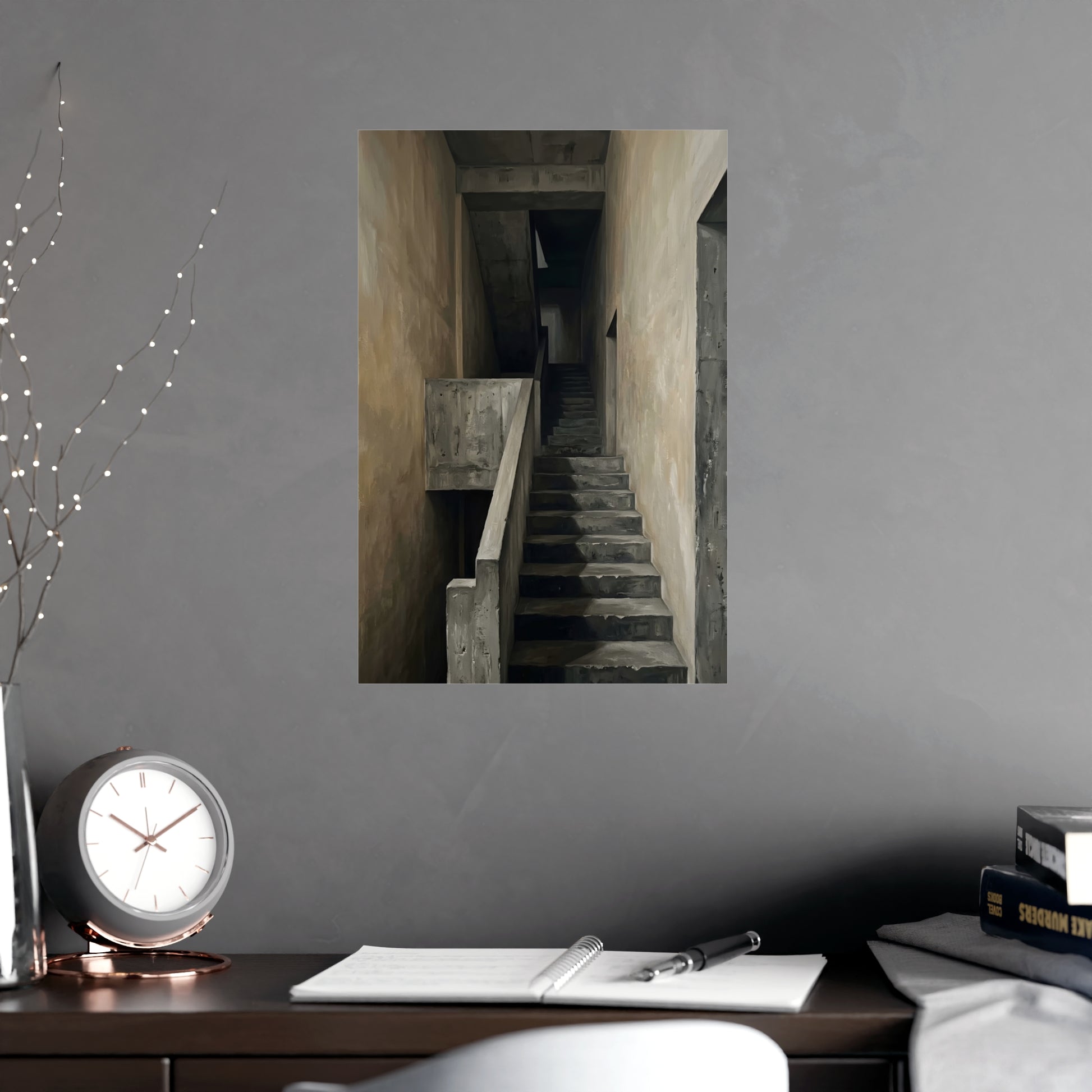 Concrete Stairwell on a living room wall beside a tall vase, 12x18 in print