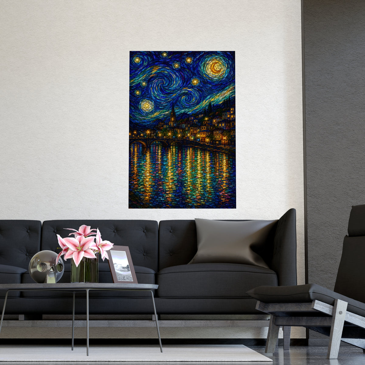 River Town at Night — river town at night, shown framed on a wall
