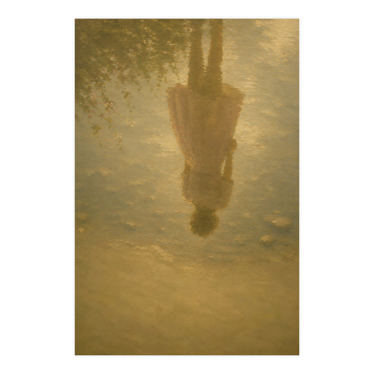 Reflected in the Shallows — only a woman's reflection in still shallow water, the figure herself out of frame, 24x36 in print
