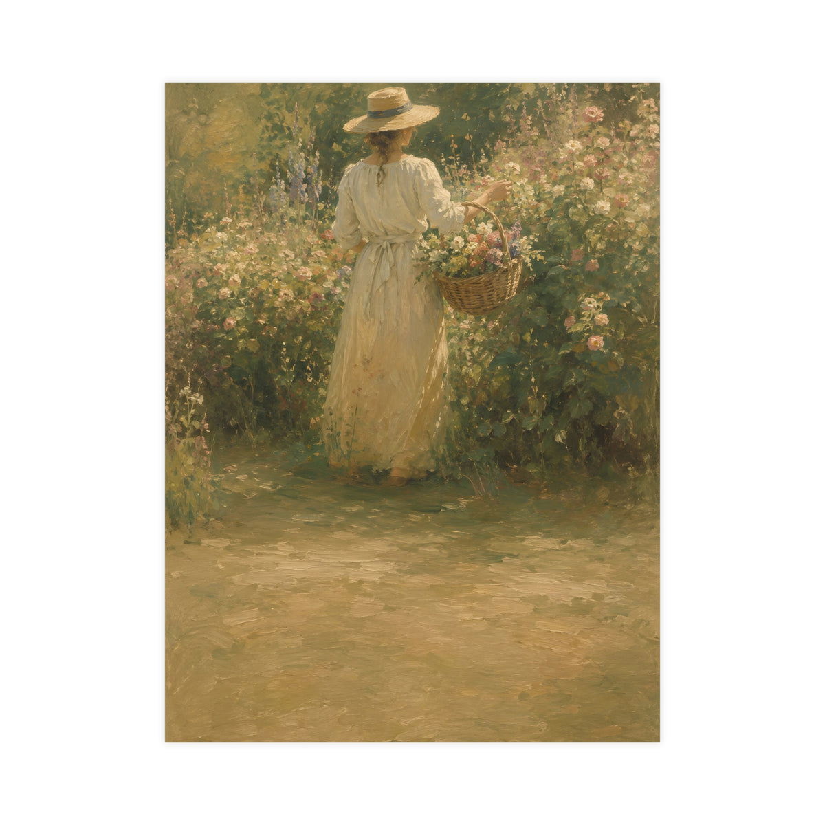 Gathering Flowers — a woman in a straw hat gathering flowers into a wicker basket, 18x24 in print