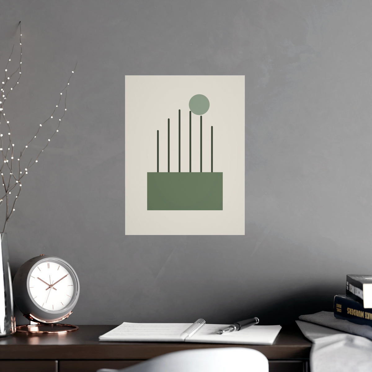 Sage Neutral Lines Boho Wall Art — lines in a sage neutral palette, shown framed on a wall