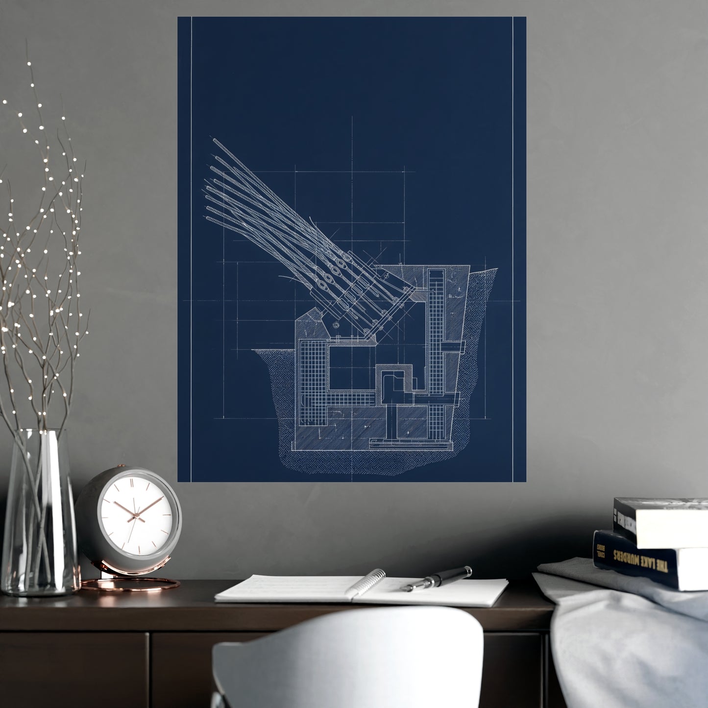 Cable Anchorage on a living room wall beside a tall vase, 18x24 in print