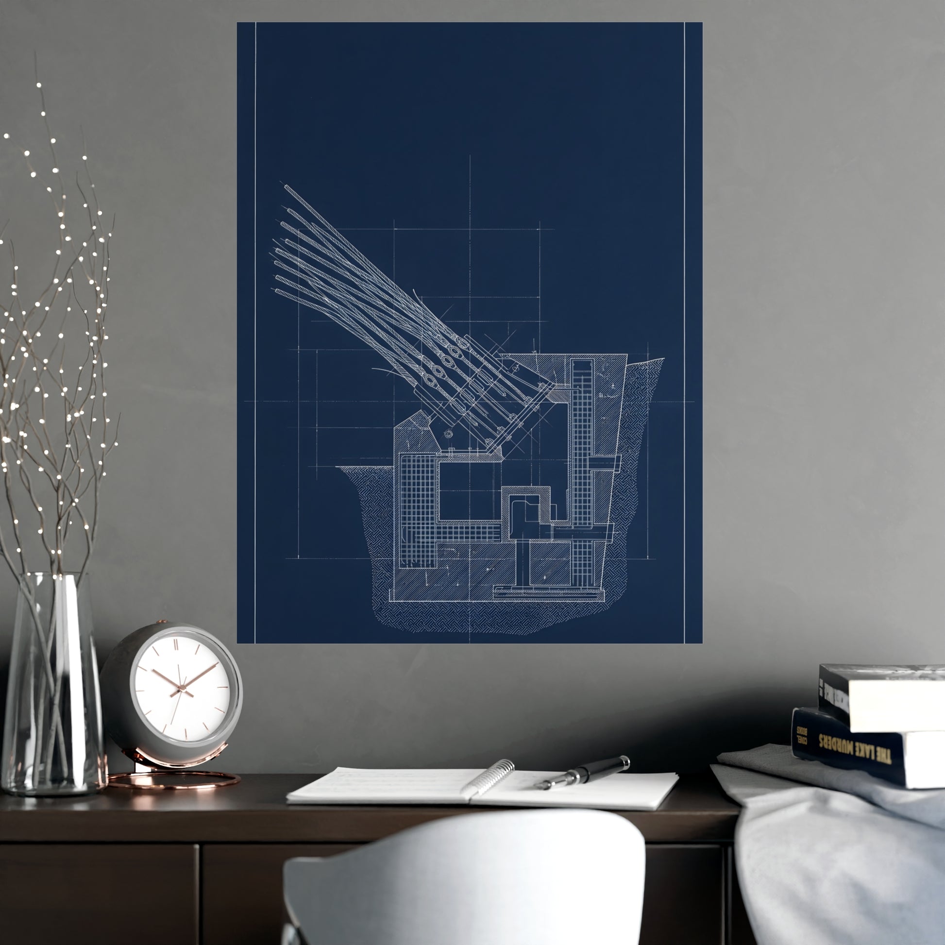 Cable Anchorage on a living room wall beside a tall vase, 18x24 in print